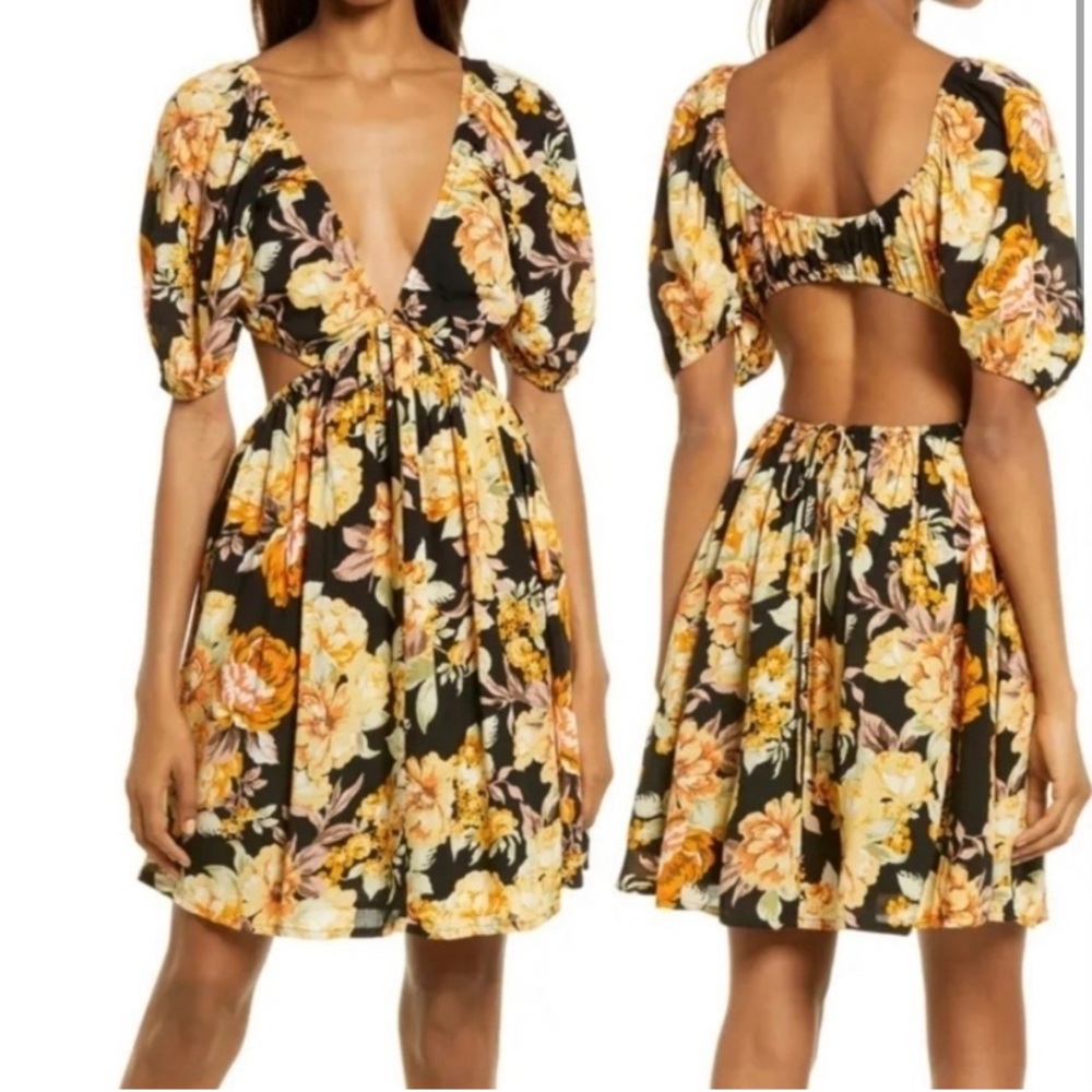 Bardot V Neck Open Back Floral Midi Dress
